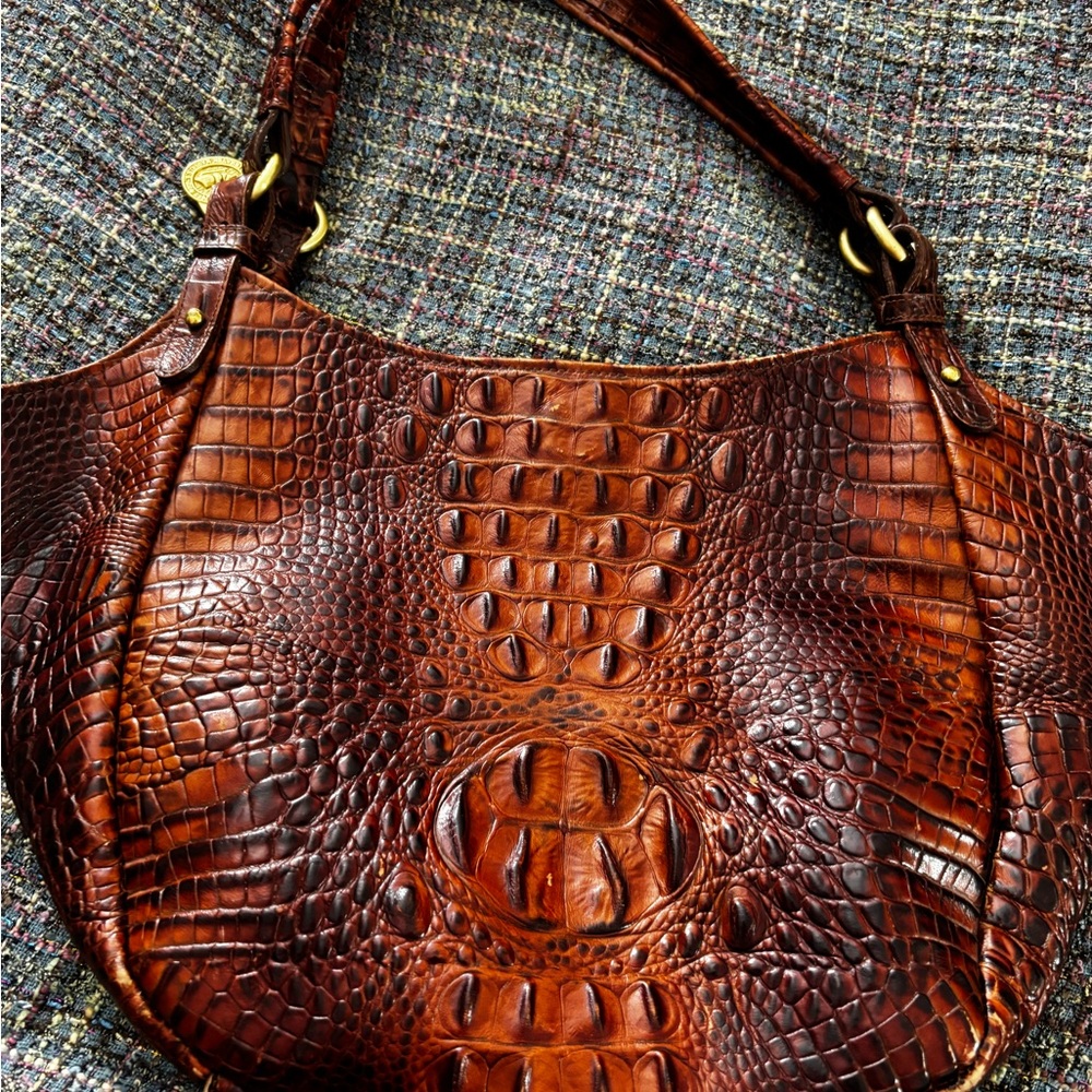 Brahmin Crocodile-Embossed Chestnut Brown Leather Shoulder Bag
